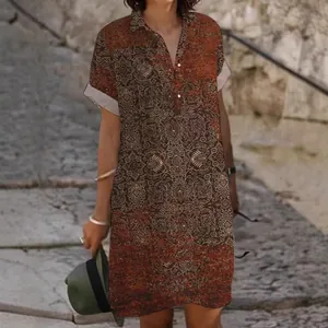 Γυναικείο φαρδύ φόρεμα πουκάμισο με vintage τύπωμα, γιακά με κουμπιά και έθνικ μοτίβο