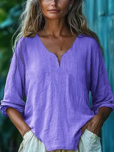 Haut décontracté en lin violet à manches longues et col en V pour femmes, mode d'été