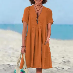 Casual orange cotton linen V-neck short sleeve pleated summer dress for women