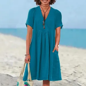 Bohemian turquoise cotton linen V-neck short sleeve dress with pleats for summer beach wear