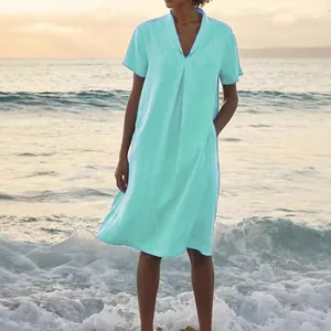 Casual mint green V-neck short sleeve cotton linen dress with pockets for summer beach wear