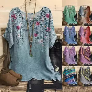 Women Vintage Floral Printed T-Shirt Casual Loose Short Sleeve Round Neck Top Polyester Fashion Summer Tee