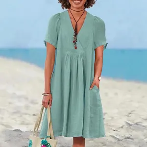 Loose casual mint green cotton linen short sleeve V-neck pleated dress for summer beachwear