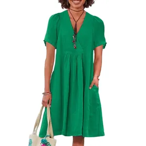 Women's casual green cotton linen V-neck short sleeve pleated dress for summer