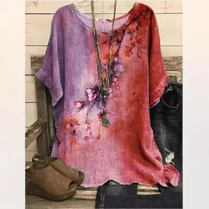 Casual loose floral print round neck short sleeve top with purple orange gradient