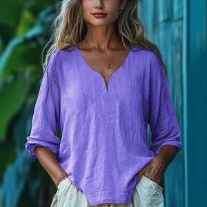 Chemisier décontracté en coton et lin violet avec col en V et manches longues pour femmes