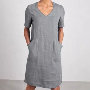 Lässiges graues Baumwoll-Leinen-Kleid mit V-Ausschnitt für Damen und Vordertaschen