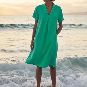 Casual loose green cotton linen V-neck dress with pockets for summer beachwear