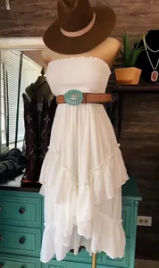 Elegant bohemian white strapless ruffled midi dress for summer beach and vacation styling