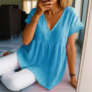 Fashionable casual loose sky blue cotton linen V-neck short sleeve pleated tunic top for women