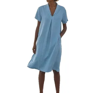 Casual loose light blue cotton linen V-neck midi dress with short sleeves and pockets
