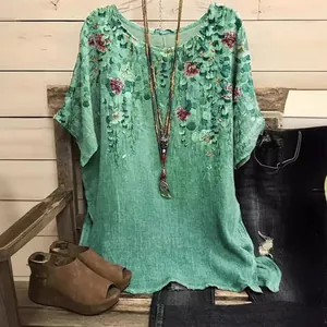 Stylish women's casual green short sleeve tunic top with vintage floral and leaf print