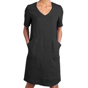Lässiges schwarzes Damen-V-Ausschnitt-Baumwoll-Leinenkleid mit Taschen und kurzen Ärmeln