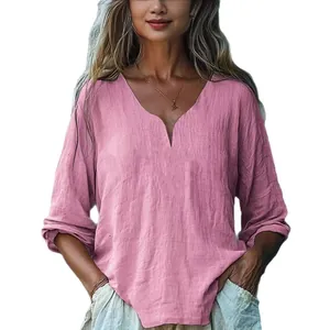 Haut élégant rose décontracté en coton et lin avec col en V et manches longues pour femme