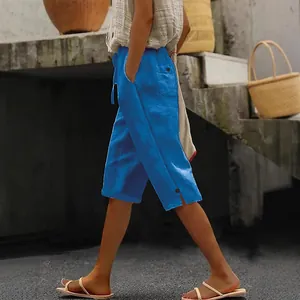 Pantalon court décontracté en coton et lin bleu pour femme avec cordon et poches