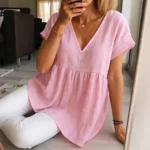 Chic pink cotton linen short sleeve blouse featuring V-neck and pleated design for women