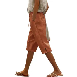 Pantalon court décontracté en coton et lin pour femme avec poches latérales