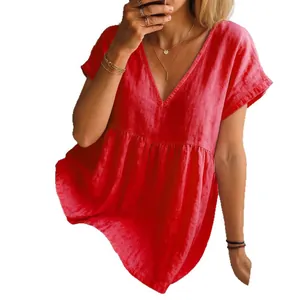 Elegant women's casual loose cotton linen short sleeve V neck pleated tunic top in solid red