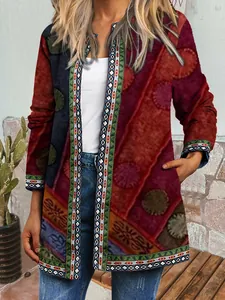 Vintage ethnic print cardigan for women featuring colorful geometric patterns and long sleeves