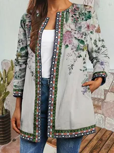 Detail of vintage ethnic floral print open cardigan for women with long sleeves