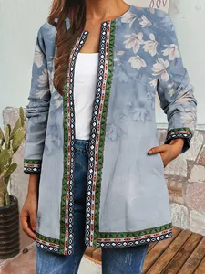 Front detail view of light blue ethnic floral cardigan with patterned borders for women.