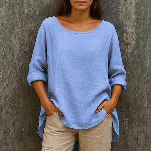 Losse lichtblauwe katoenen linnen blouse voor dames, oversized retro ronde hals casual top