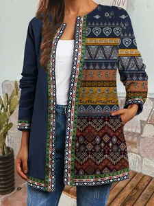 Detailed view of women's vintage ethnic print cardigan jacket with intricate patterns