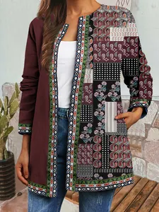 Detail of women's bohemian open front cardigan featuring vintage ethnic patchwork prints