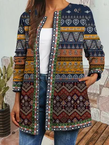 Detailed view of women's retro ethnic print bohemian long sleeve open front jacket