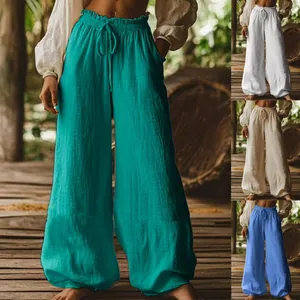 Women Casual Cotton Linen Blend Wide Leg Pants Elastic Waist Drawstring Bottom Loose Retro Solid Color Trousers With Pockets