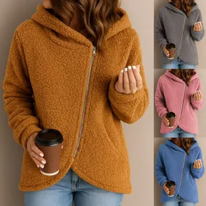Women's Sherpa Fleece Hoodie Jacket Autumn Winter Loose Casual Diagonal Zipper Long Sleeve Hooded Outerwear Warm Top