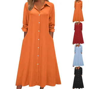 Women Casual Loose Shirt Dress Long Sleeve Lapel Single Breasted Maxi Dress With Pockets Solid Color Polyester Dress