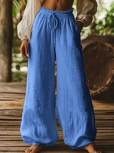 Casual blue loose wide-leg trousers with drawstring elastic waist and side pockets for women
