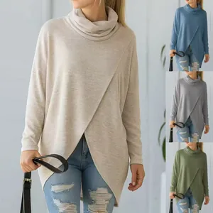 Women's Cowl Neck Knit Sweater Asymmetric Cross Wrap Hem Long Sleeve Loose Casual Solid Color Autumn Pullover Top