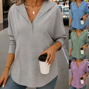 Damen Casual Strickoberteil mit Kapuze Polyester Elasthan V-Ausschnitt Langarm Pullover Herbst Einfarbig Loose Mode Strickwaren