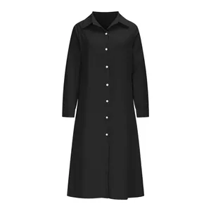 Front view of black solid color long sleeve lapel shirt dress with buttons