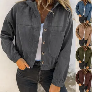 Women Fashion Hooded Corduroy Jacket Casual Loose Long Sleeve Single-Breasted Solid Color Outerwear With Pockets Retro Top