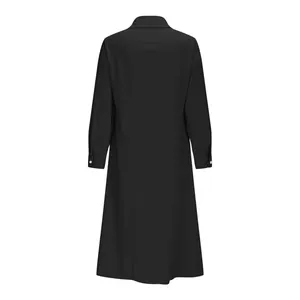 Back view of a casual loose black long-sleeved shirt dress with lapel collar
