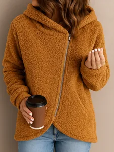 Detailed view of women's ginger sherpa fleece hoodie with asymmetrical side zipper