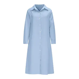 Full view of the light blue shirt dress showcasing the button-down front and lapel collar detail