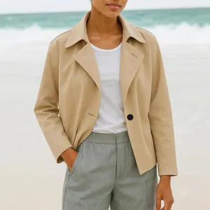 Elegant beige women's short jacket blazer for autumn winter outdoor casual beach wear