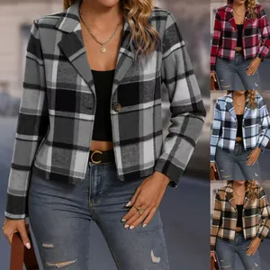Women Vintage Plaid Blazer Jacket Casual Elegant Short Woolen Coat Cotton Blend Single Breasted Notched Lapel Outerwear