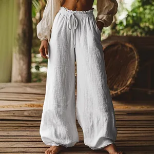 Fashionable white wide-leg casual trousers with drawstring elastic waist and pockets