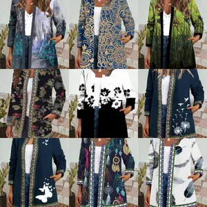 Nine variations of women's vintage ethnic print open-front long cardigans with pockets.