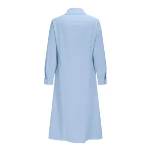 Back view of a light blue long sleeve shirt dress with a relaxed A-line silhouette
