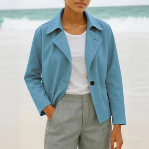 Elegant blue women's casual short blazer jacket for autumn winter stylish seaside outfits