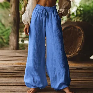 Casual solid color wide-leg trousers with drawstring elastic waist and pockets for women