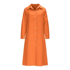 Casual loose orange long sleeve lapel shirt dress for women with button-down front