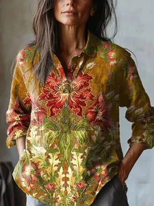 Detail shot of women's casual loose-fit long sleeve shirt with vintage floral print
