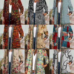 Vintage ethnic style printed plus size women's long cardigan jackets in nine variants